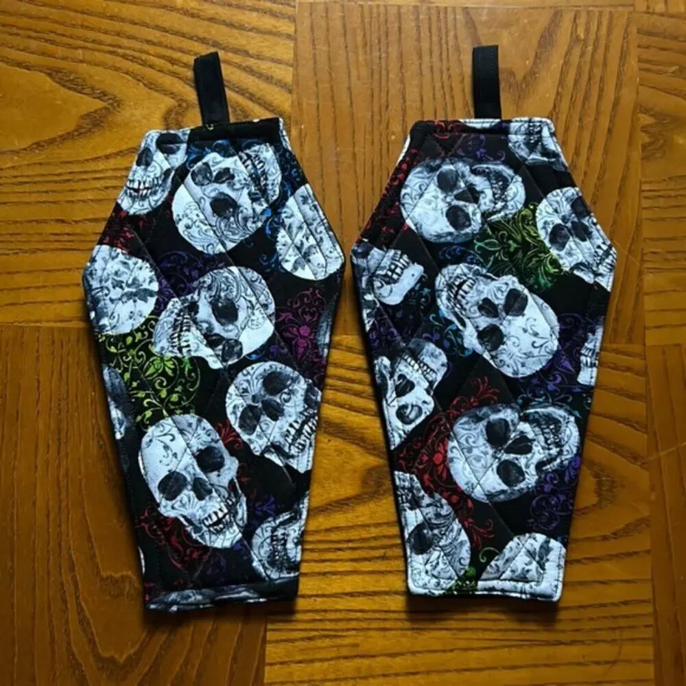 2 Halloween Coffin Shaped Hot Pad Potholder Cloth Trivet Victorian Gothic Edgy